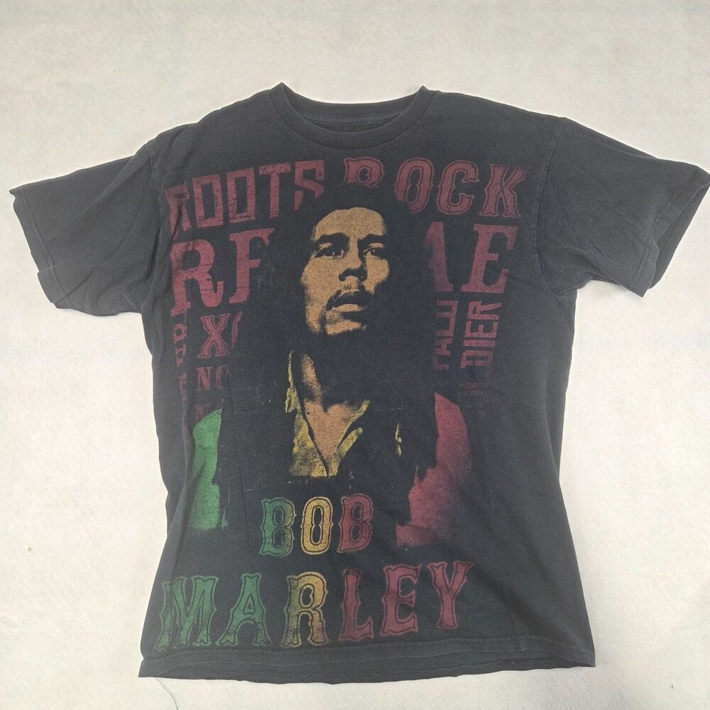 Bob Marley T-Shirt Roots Rock Reggae Mens M Black Crew Neck Short Sleeve Yellow